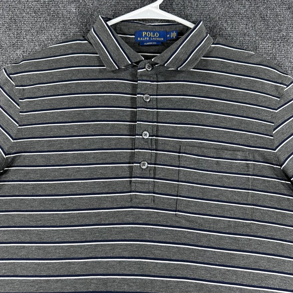Polo Ralph Lauren Polo Shirt Mens M Medium Grey Striped Classic Fit Short Sleeve